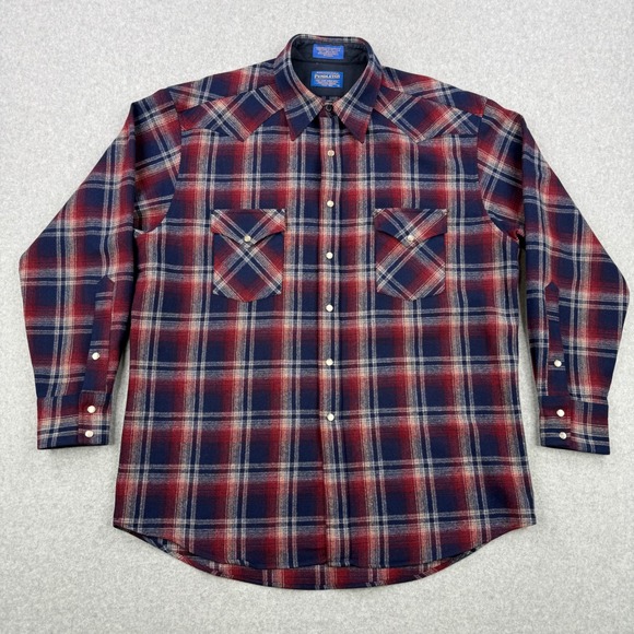 Pendleton Shirt Mens Large Red Blue Plaid Wool Pearl Snap Board Flannel Pockets